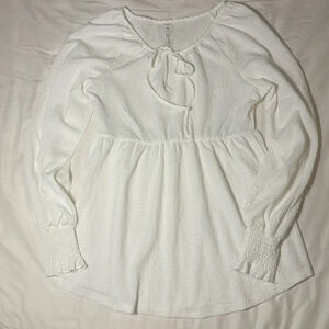 Peasant Boho Tie Front White Peplum Long-Sleeve Blouse